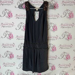 HYPE dress beaded embroidered neckline Black Sleeveless Dress with Lace Accents